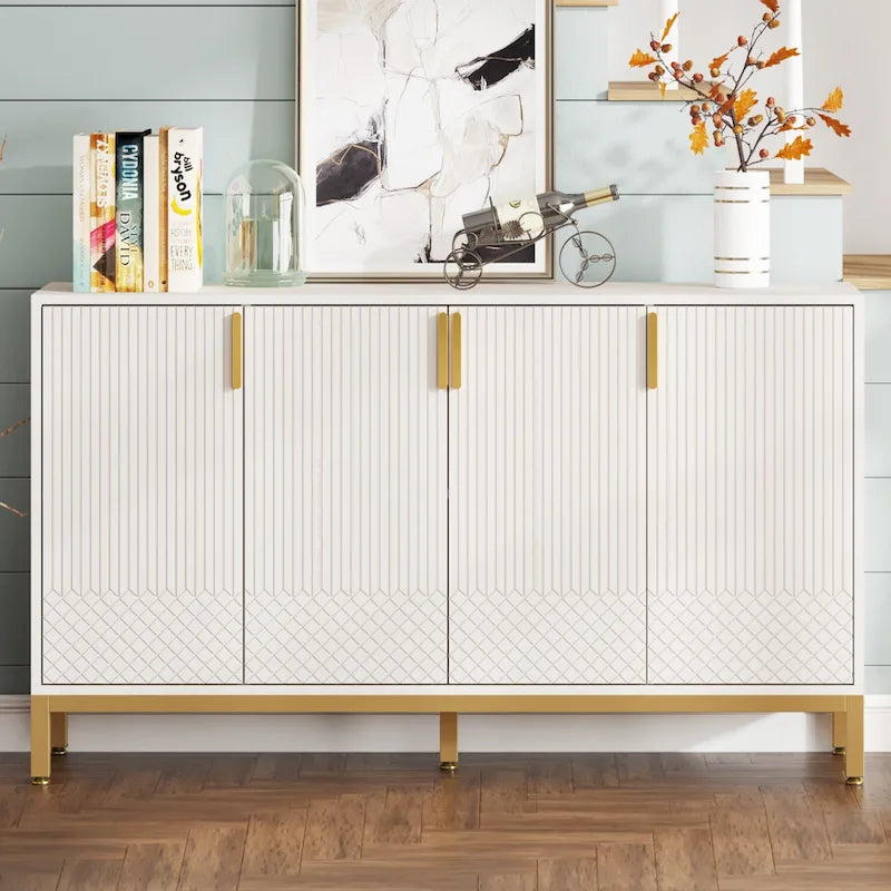 4-Door Buffet Sideboard Cabinet with Gold Handles & Metal Legs