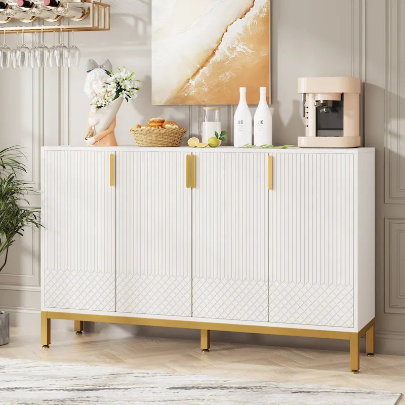 4-Door Buffet Sideboard Cabinet with Gold Handles & Metal Legs