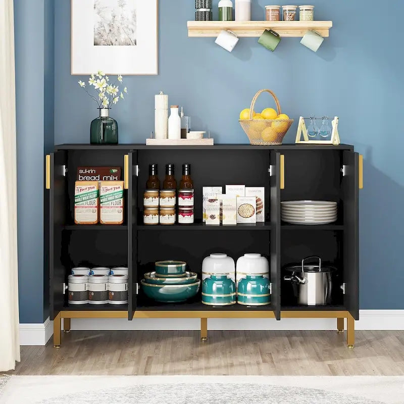 4-Door Buffet Sideboard Cabinet with Gold Handles & Metal Legs