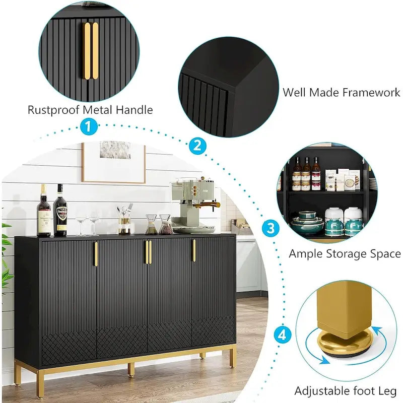 4-Door Buffet Sideboard Cabinet with Gold Handles & Metal Legs