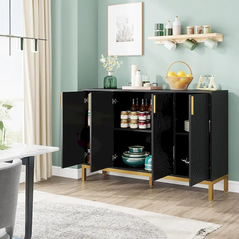 4-Door Buffet Sideboard Cabinet with Gold Handles & Metal Legs