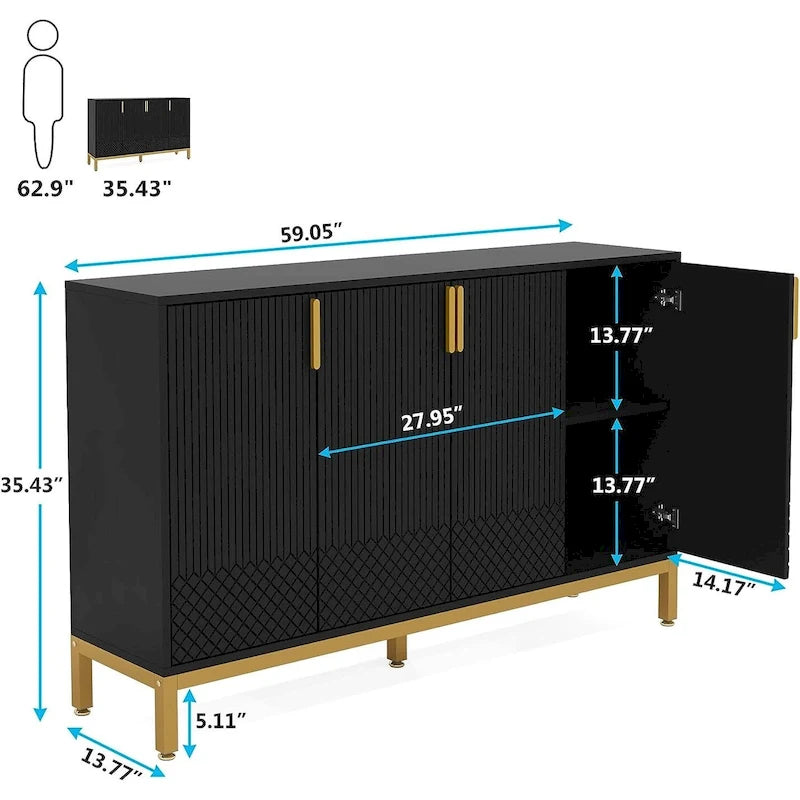 4-Door Buffet Sideboard Cabinet with Gold Handles & Metal Legs