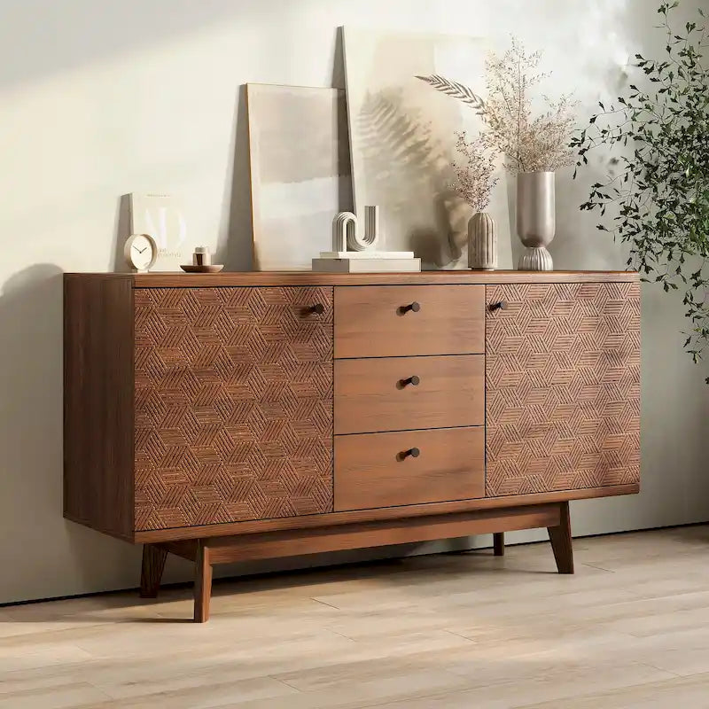 Herringbone Pattern TV Stand & Sideboard Buffet with Drawers & Wood Legs
