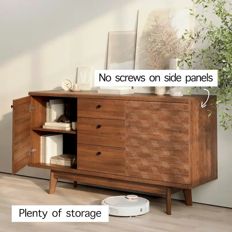 Herringbone Pattern TV Stand & Sideboard Buffet with Drawers & Wood Legs