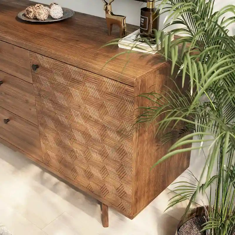 Herringbone Pattern TV Stand & Sideboard Buffet with Drawers & Wood Legs