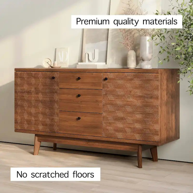 Herringbone Pattern TV Stand & Sideboard Buffet with Drawers & Wood Legs