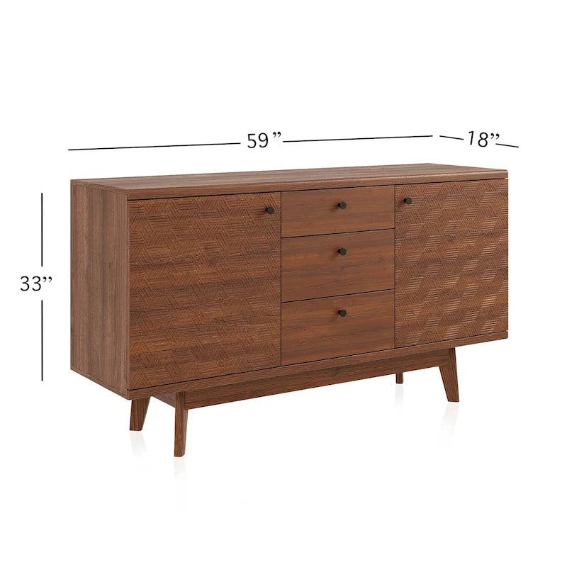 Herringbone Pattern TV Stand & Sideboard Buffet with Drawers & Wood Legs