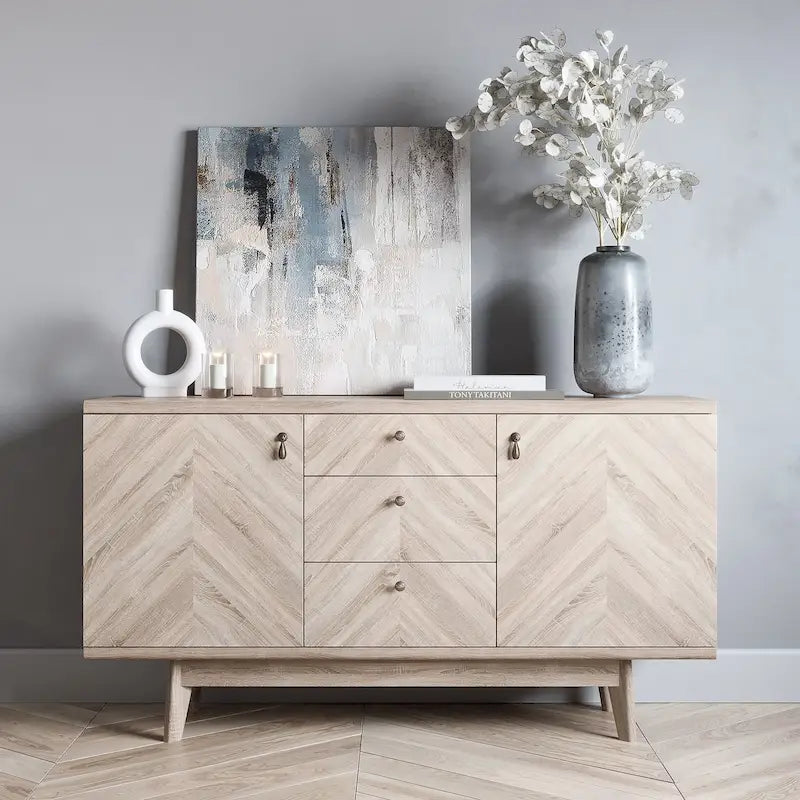 Herringbone Pattern TV Stand & Sideboard Buffet with Drawers & Wood Legs