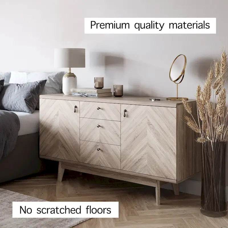 Herringbone Pattern TV Stand & Sideboard Buffet with Drawers & Wood Legs