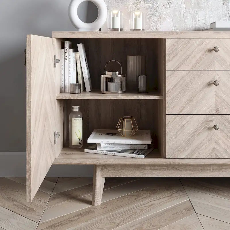 Herringbone Pattern TV Stand & Sideboard Buffet with Drawers & Wood Legs