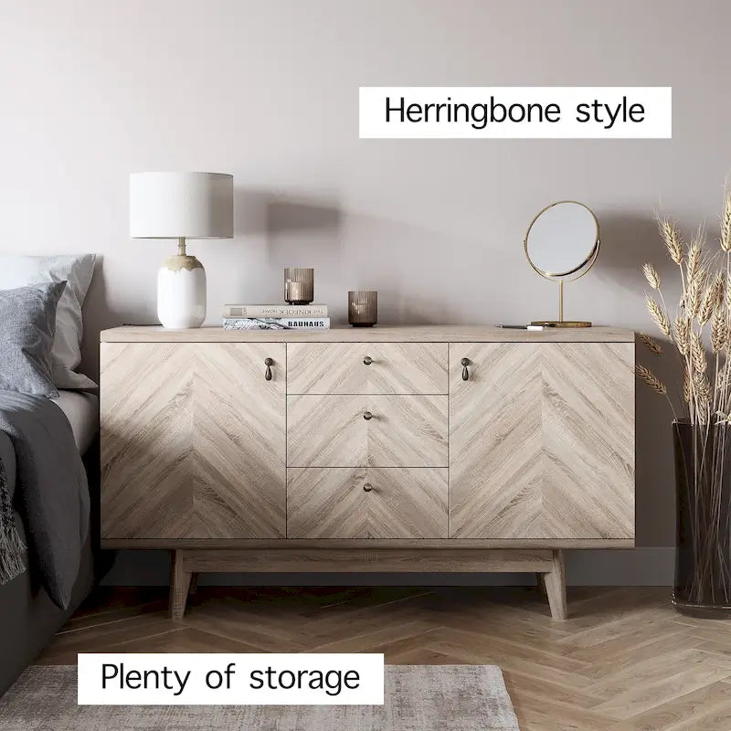 Herringbone Pattern TV Stand & Sideboard Buffet with Drawers & Wood Legs