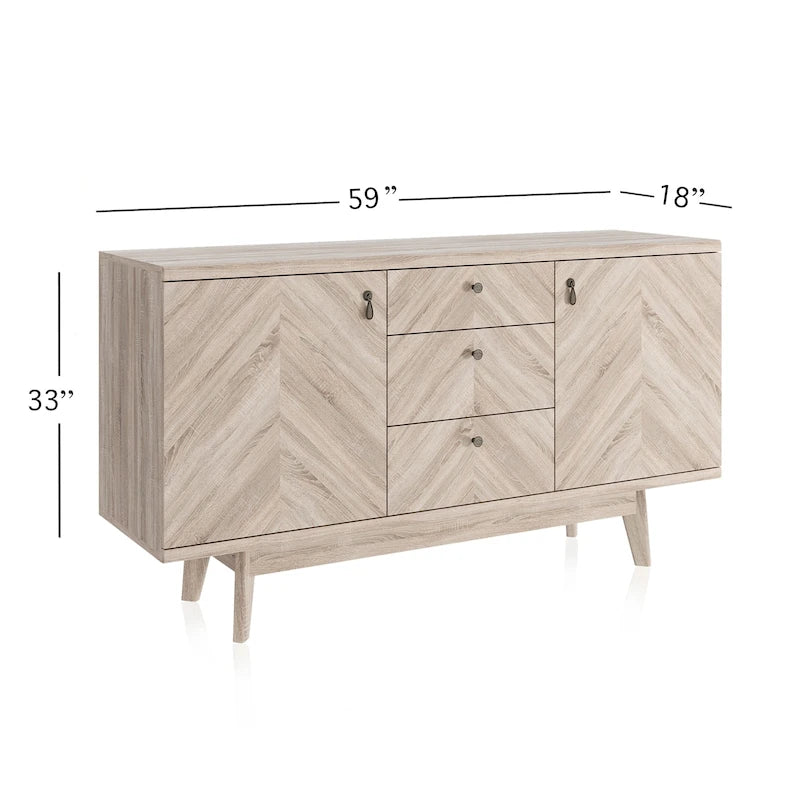 Herringbone Pattern TV Stand & Sideboard Buffet with Drawers & Wood Legs