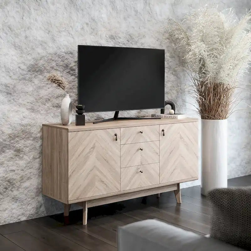 Herringbone Pattern TV Stand & Sideboard Buffet with Drawers & Wood Legs