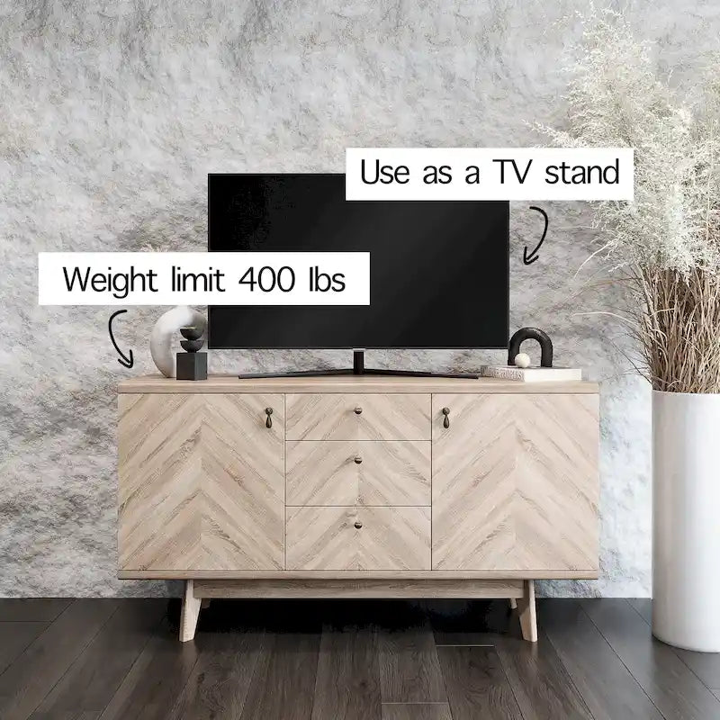 Herringbone Pattern TV Stand & Sideboard Buffet with Drawers & Wood Legs