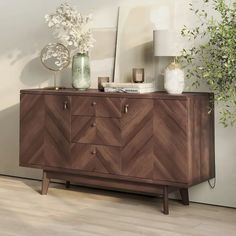 Herringbone Pattern TV Stand & Sideboard Buffet with Drawers & Wood Legs