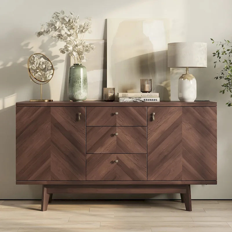 Herringbone Pattern TV Stand & Sideboard Buffet with Drawers & Wood Legs