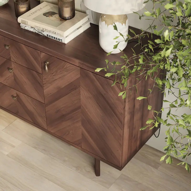 Herringbone Pattern TV Stand & Sideboard Buffet with Drawers & Wood Legs