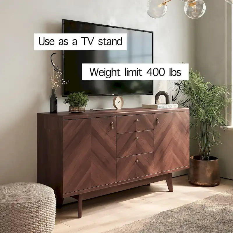 Herringbone Pattern TV Stand & Sideboard Buffet with Drawers & Wood Legs