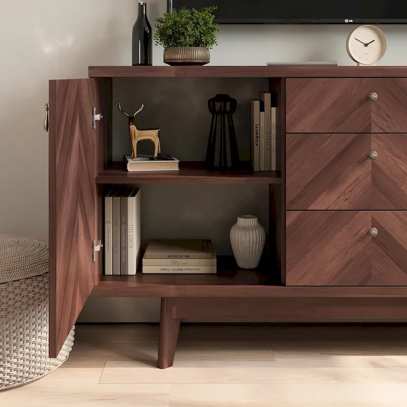 Herringbone Pattern TV Stand & Sideboard Buffet with Drawers & Wood Legs