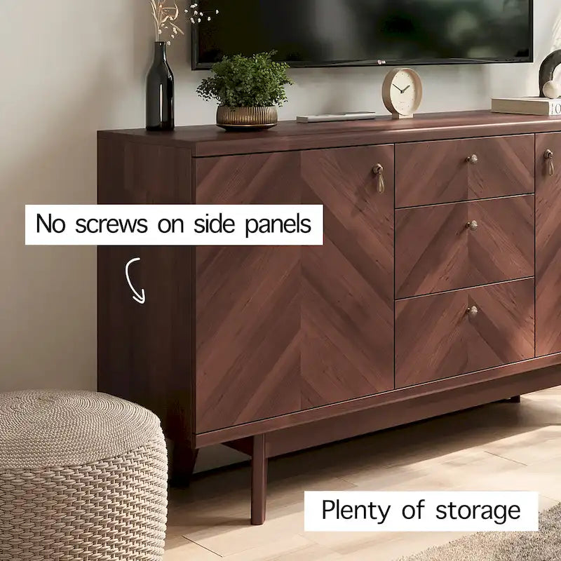 Herringbone Pattern TV Stand & Sideboard Buffet with Drawers & Wood Legs