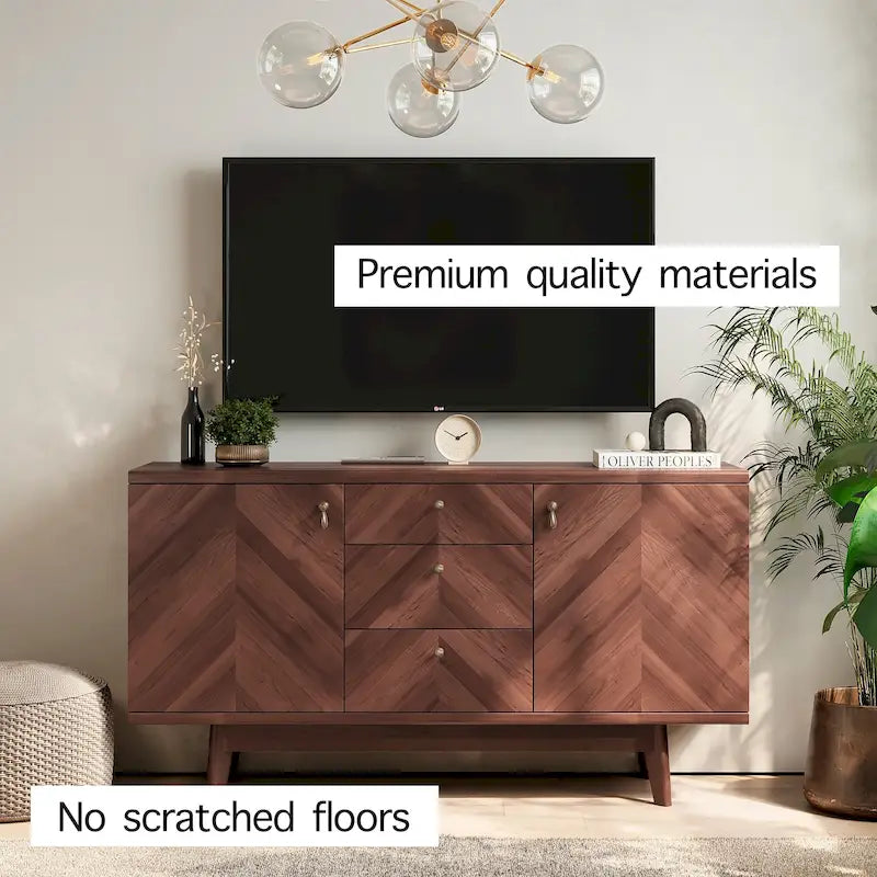 Herringbone Pattern TV Stand & Sideboard Buffet with Drawers & Wood Legs