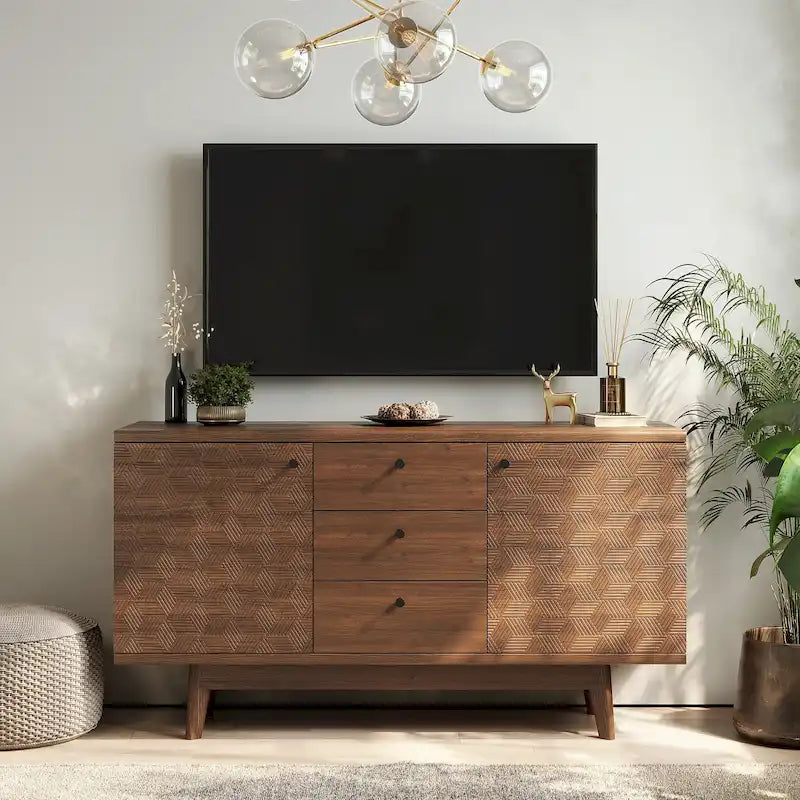 Herringbone Pattern TV Stand & Sideboard Buffet with Drawers & Wood Legs