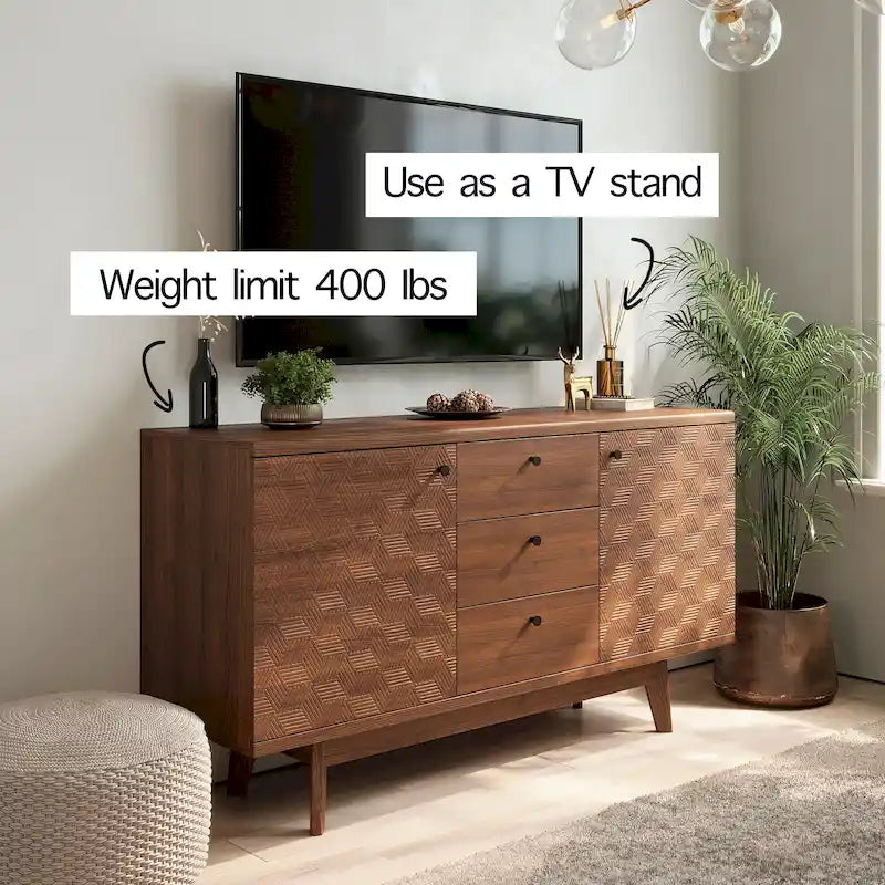 Herringbone Pattern TV Stand & Sideboard Buffet with Drawers & Wood Legs
