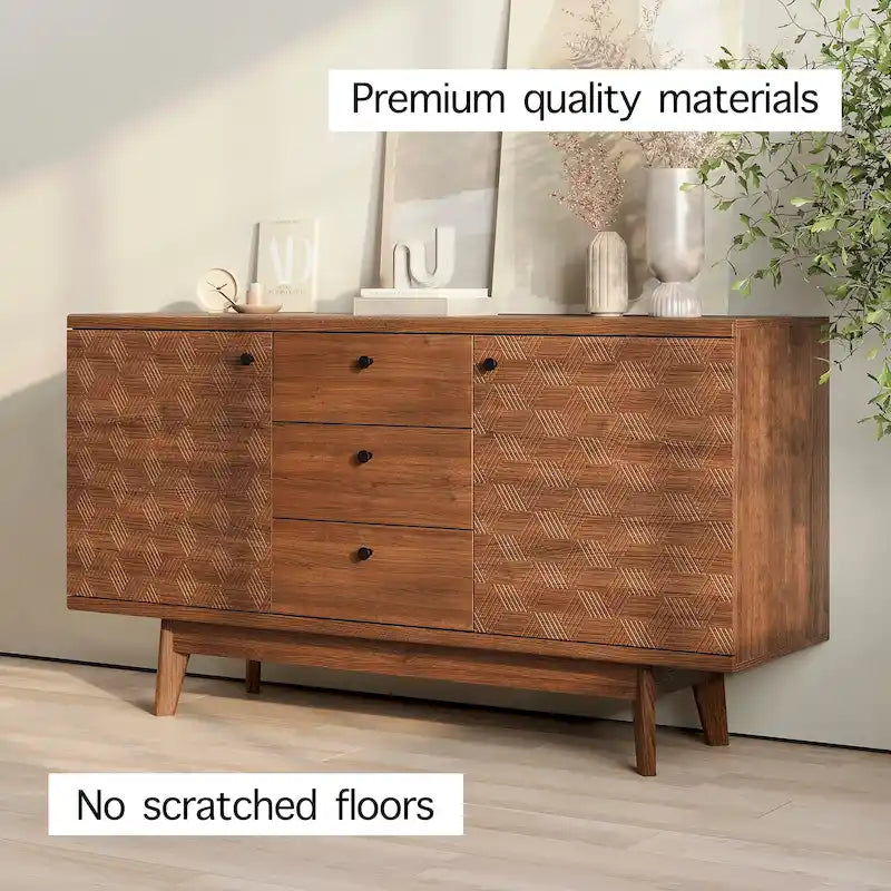 Herringbone Pattern TV Stand & Sideboard Buffet with Drawers & Wood Legs