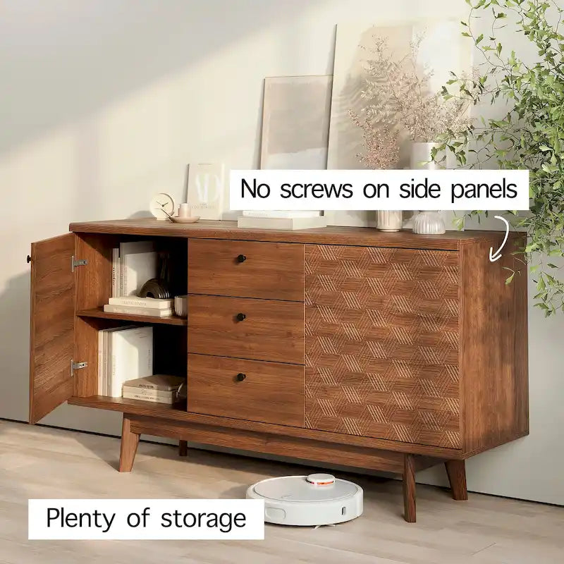 Herringbone Pattern TV Stand & Sideboard Buffet with Drawers & Wood Legs