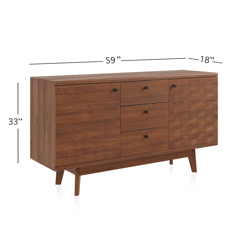 Herringbone Pattern TV Stand & Sideboard Buffet with Drawers & Wood Legs
