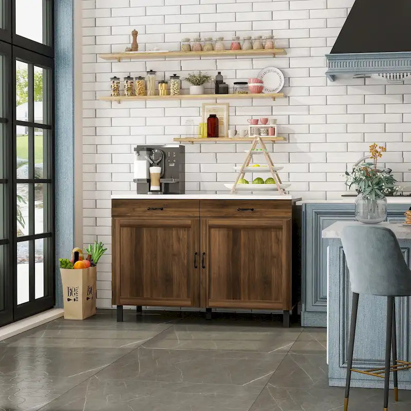 Multi-Purpose Cabinet with Marble-Look Top, 2 Drawers & 2 Doors — Brown