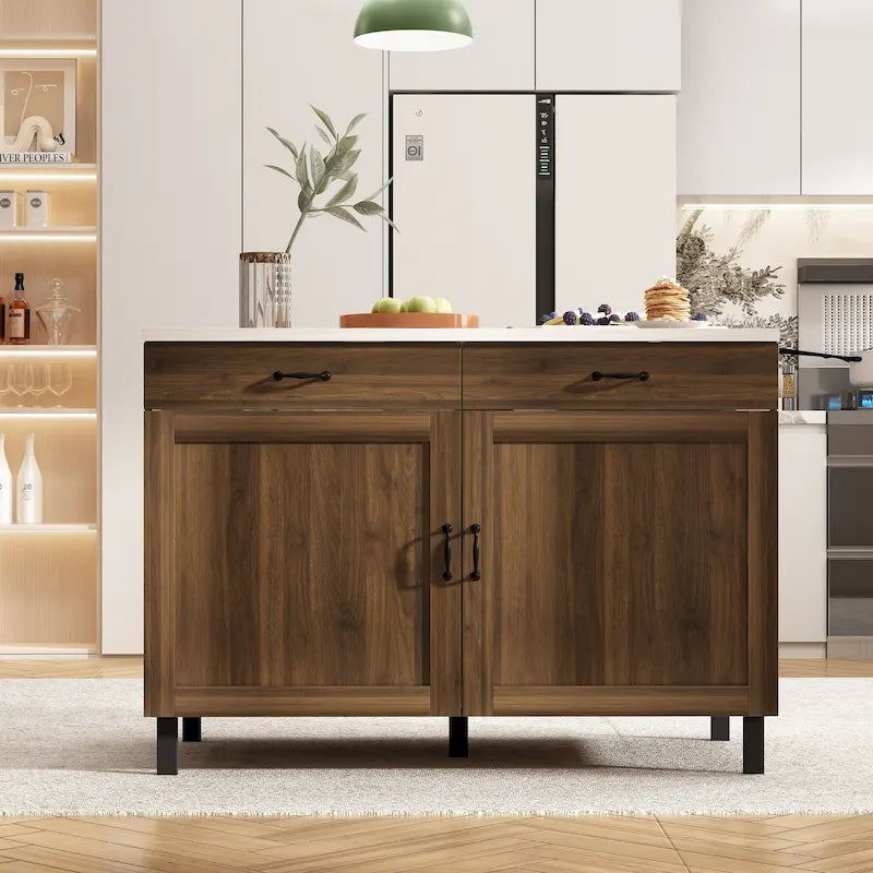 Multi-Purpose Cabinet with Marble-Look Top, 2 Drawers & 2 Doors — Brown