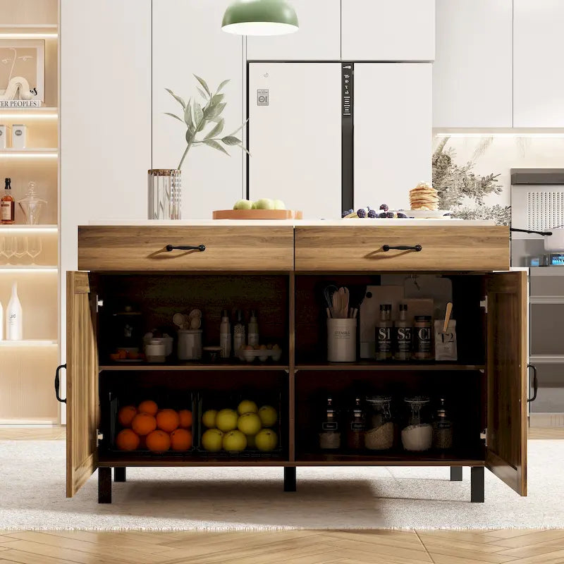 Multi-Purpose Cabinet with Marble-Look Top, 2 Drawers & 2 Doors — Brown