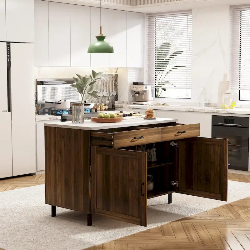 Multi-Purpose Cabinet with Marble-Look Top, 2 Drawers & 2 Doors — Brown