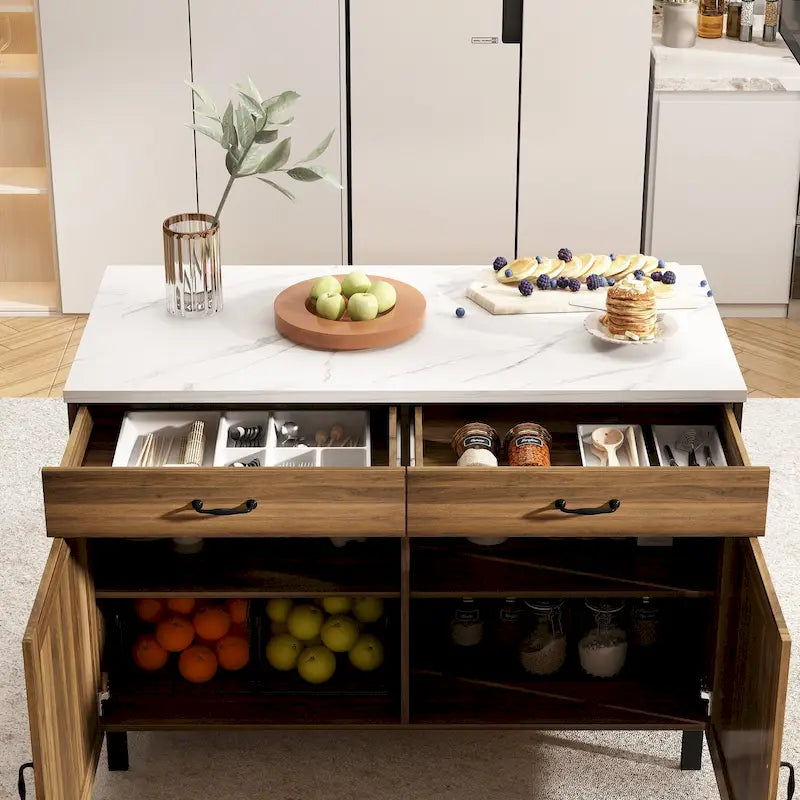 Multi-Purpose Cabinet with Marble-Look Top, 2 Drawers & 2 Doors — Brown