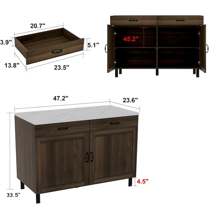 Multi-Purpose Cabinet with Marble-Look Top, 2 Drawers & 2 Doors — Brown