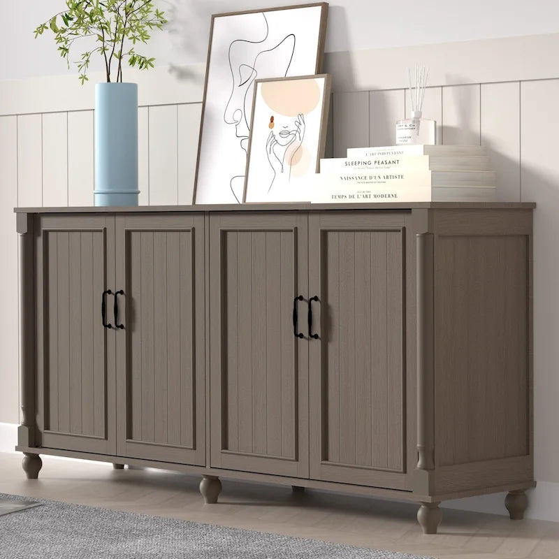 4-Door Sideboard Cabinet with Wooden Legs & Removable Shelf