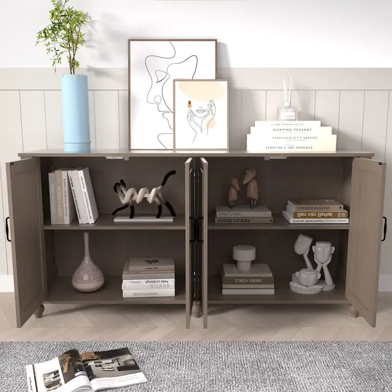 4-Door Sideboard Cabinet with Wooden Legs & Removable Shelf