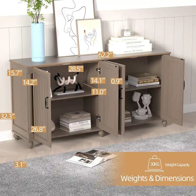 4-Door Sideboard Cabinet with Wooden Legs & Removable Shelf