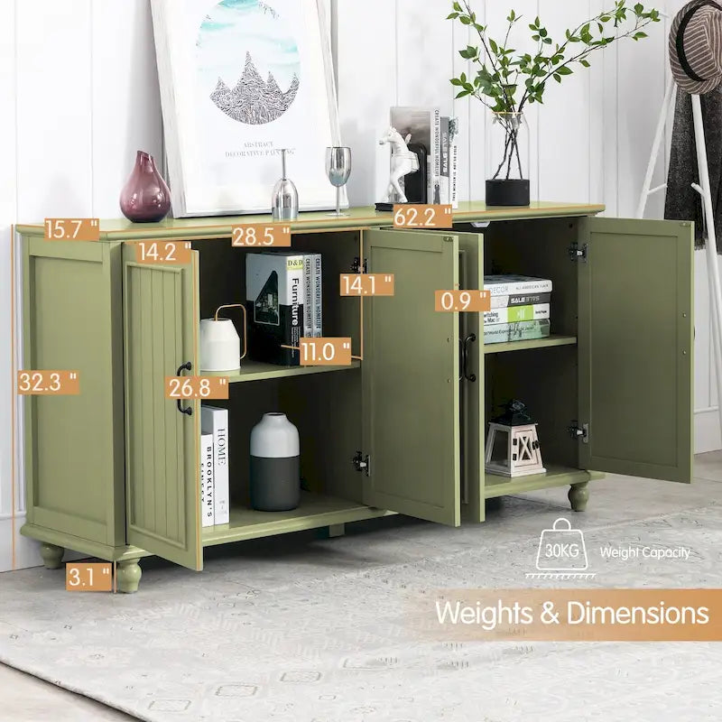 4-Door Sideboard Cabinet with Wooden Legs & Removable Shelf