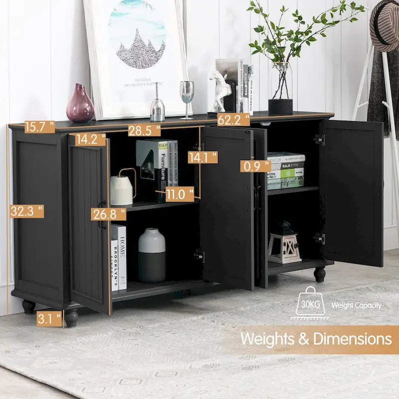4-Door Sideboard Cabinet with Wooden Legs & Removable Shelf