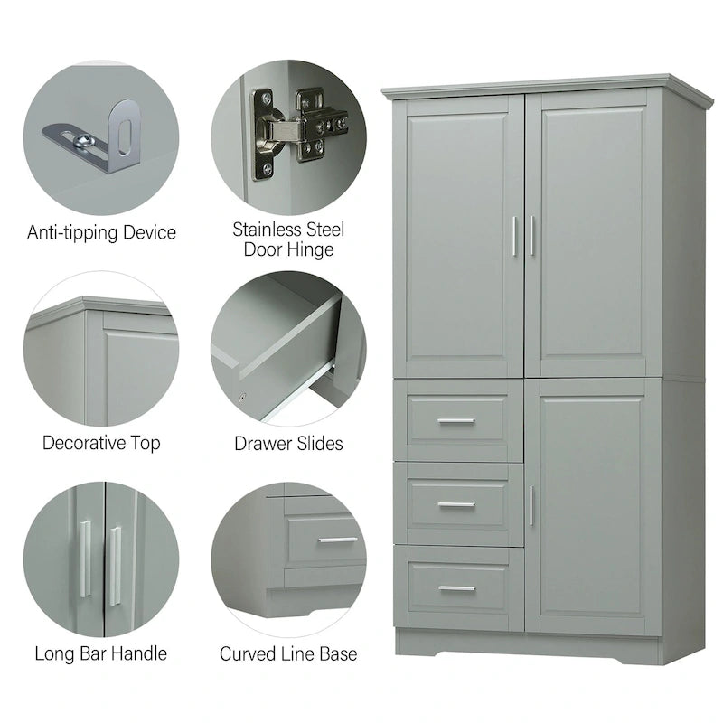 Tall Wide Storage Cabinet with Doors, 3 Drawers & Adjustable Shelf