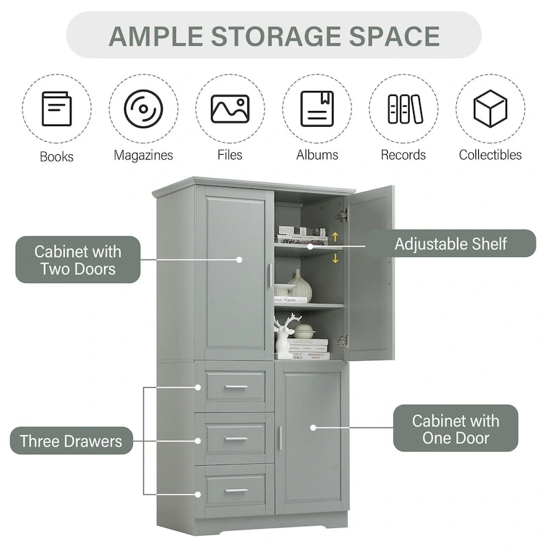 Tall Wide Storage Cabinet with Doors, 3 Drawers & Adjustable Shelf