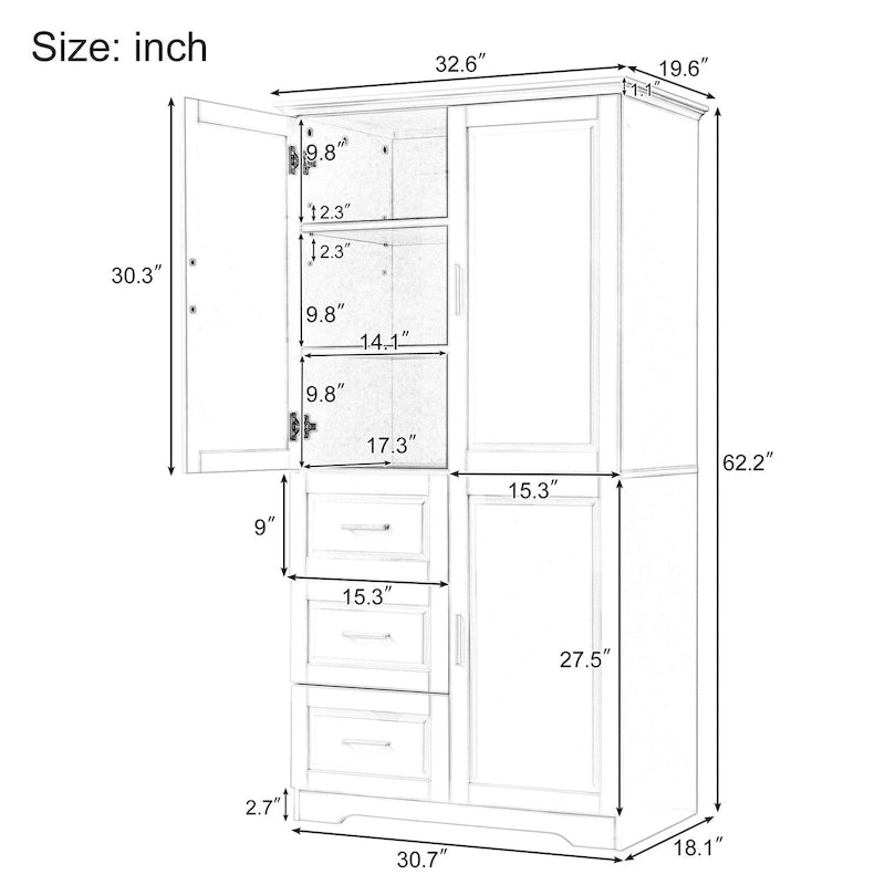 Tall Wide Storage Cabinet with Doors, 3 Drawers & Adjustable Shelf