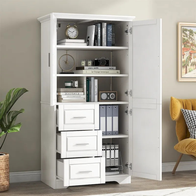 Tall Wide Storage Cabinet with Doors, 3 Drawers & Adjustable Shelf