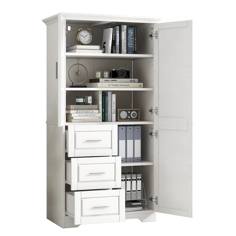 Tall Wide Storage Cabinet with Doors, 3 Drawers & Adjustable Shelf