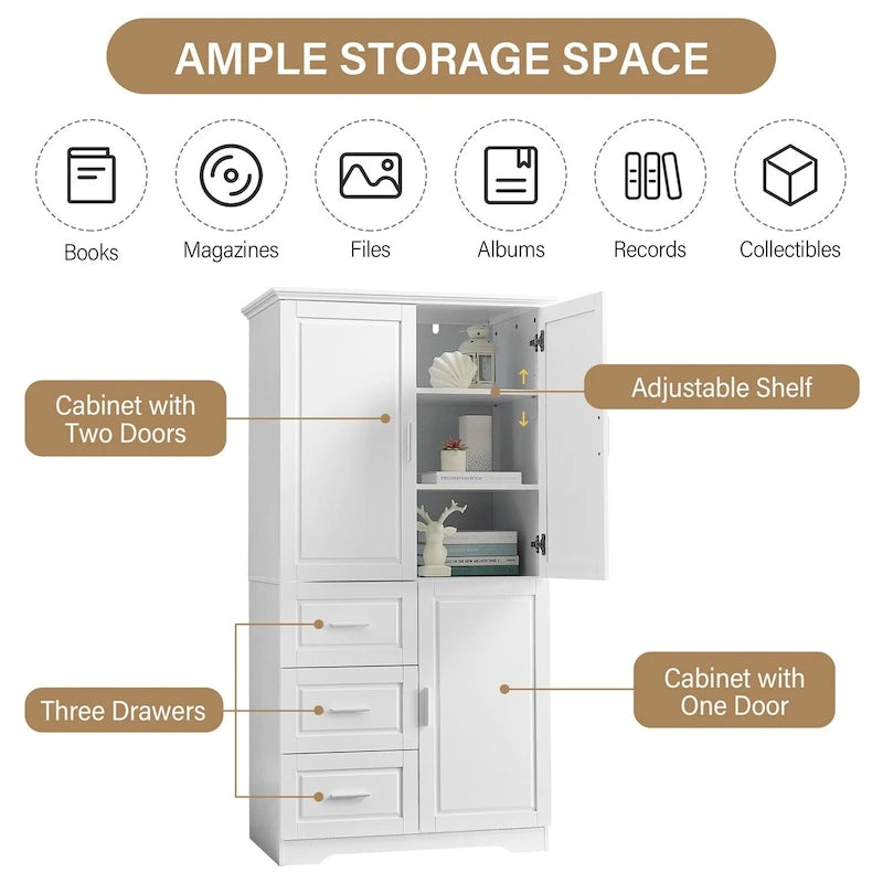Tall Wide Storage Cabinet with Doors, 3 Drawers & Adjustable Shelf