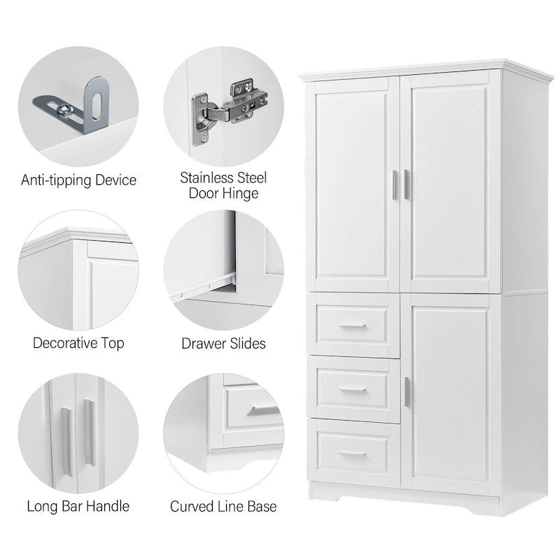 Tall Wide Storage Cabinet with Doors, 3 Drawers & Adjustable Shelf