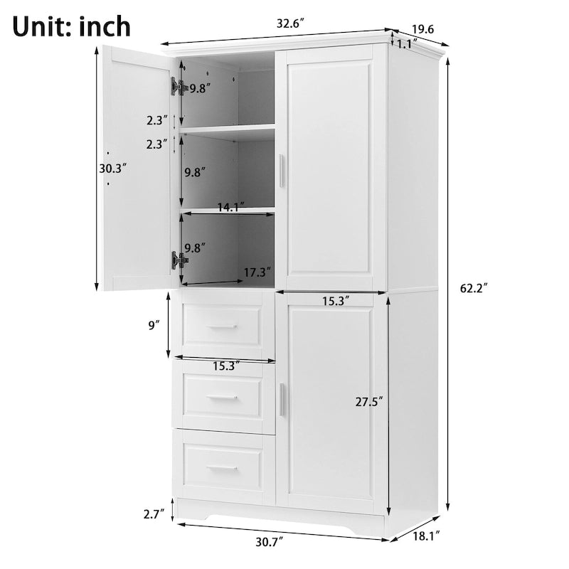 Tall Wide Storage Cabinet with Doors, 3 Drawers & Adjustable Shelf
