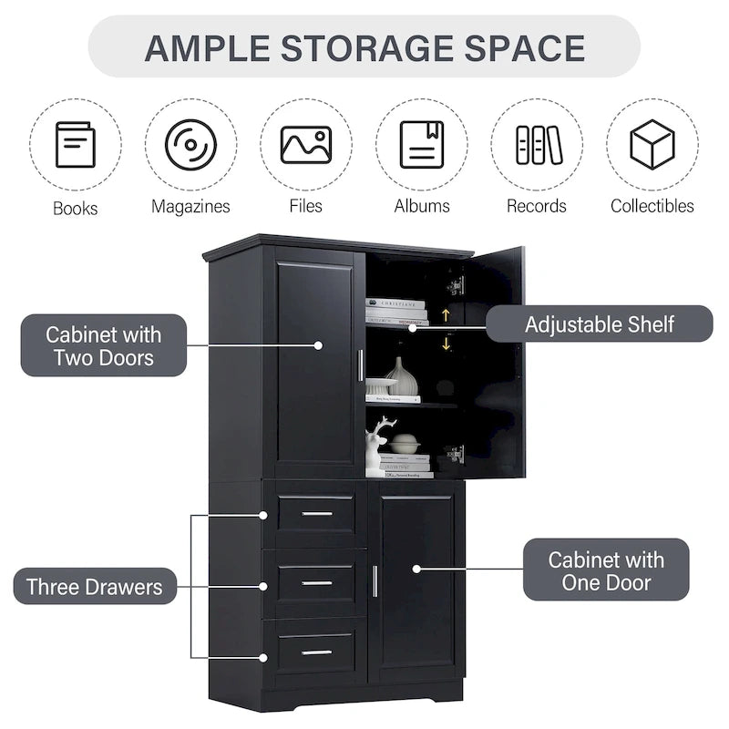 Tall Wide Storage Cabinet with Doors, 3 Drawers & Adjustable Shelf
